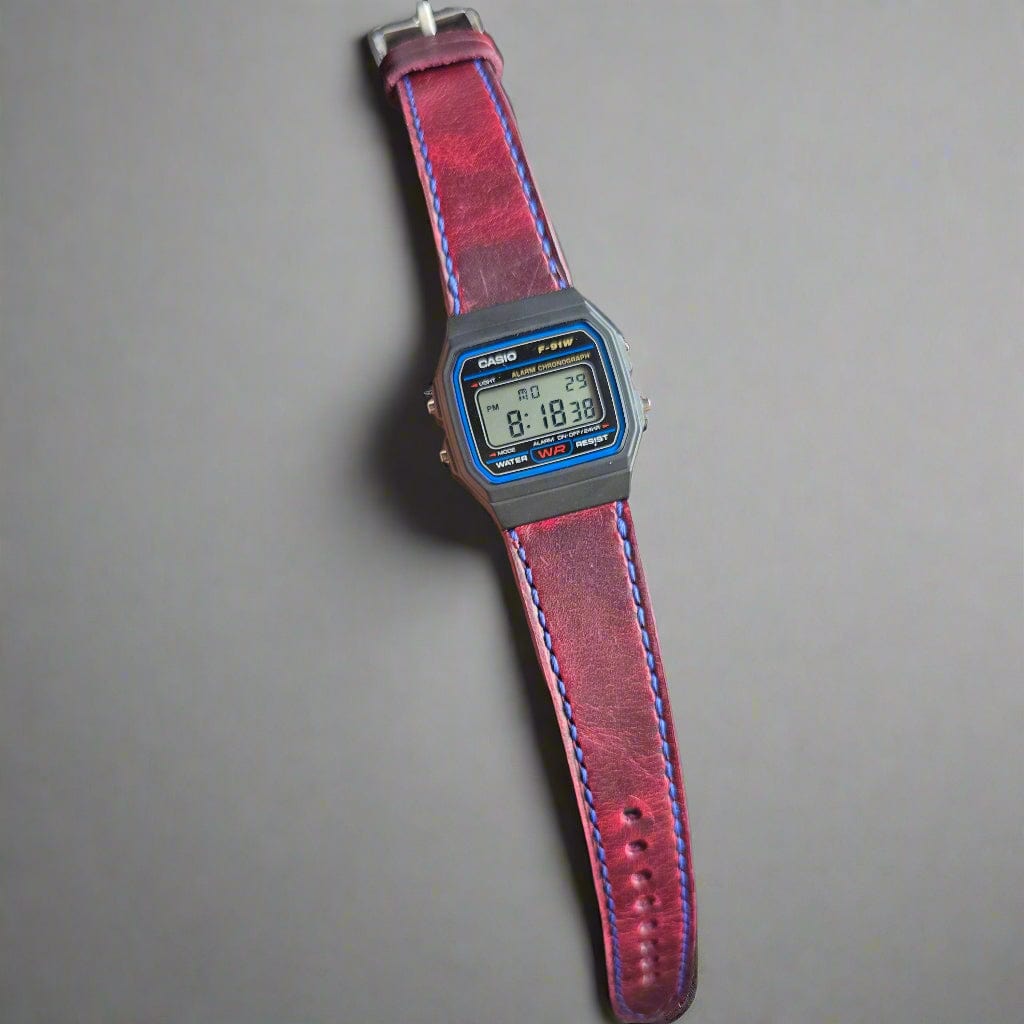 Indianleathercraft leather strap Burgundy Handmade Casio F-91w strap