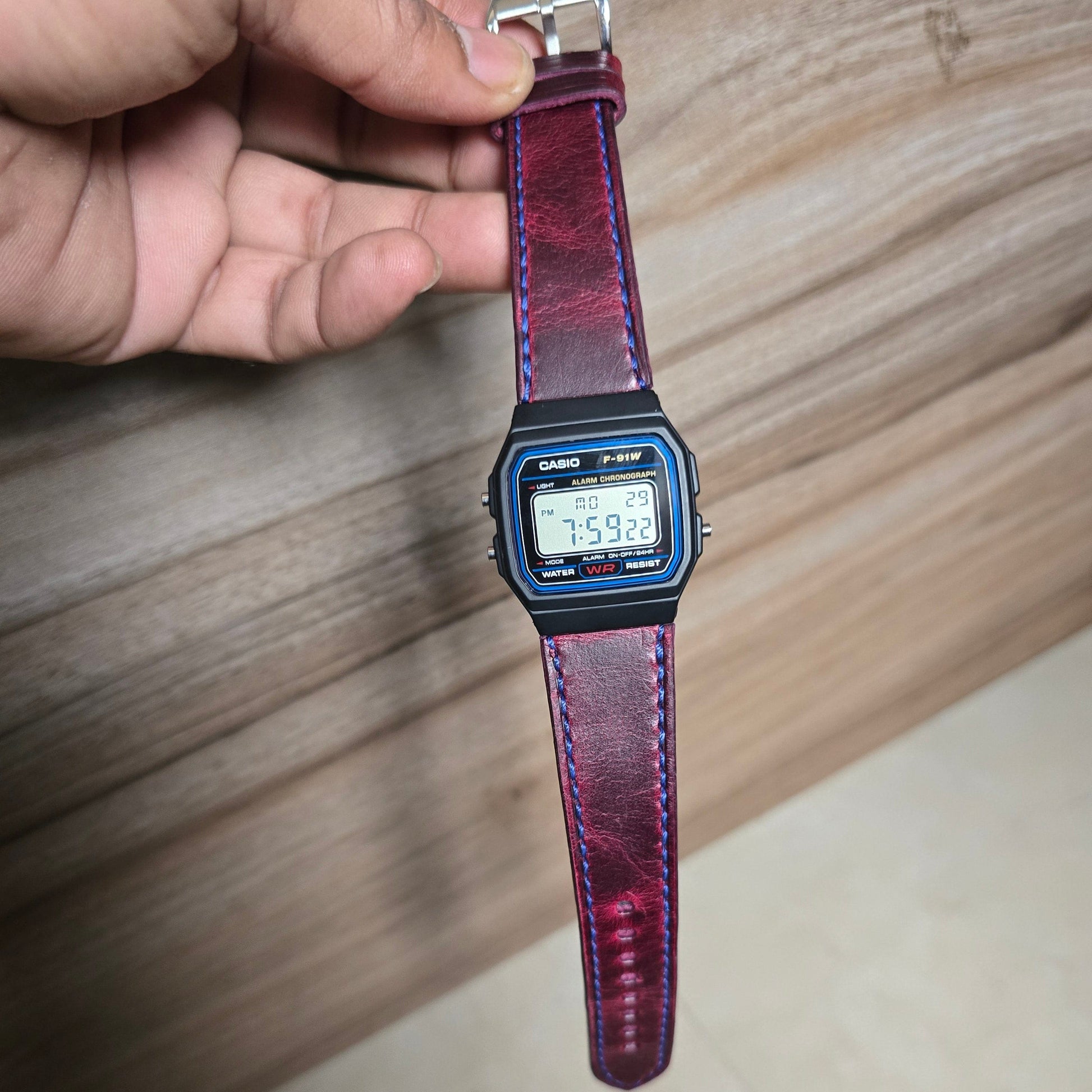 Indianleathercraft leather strap Burgundy Handmade Casio F-91w strap