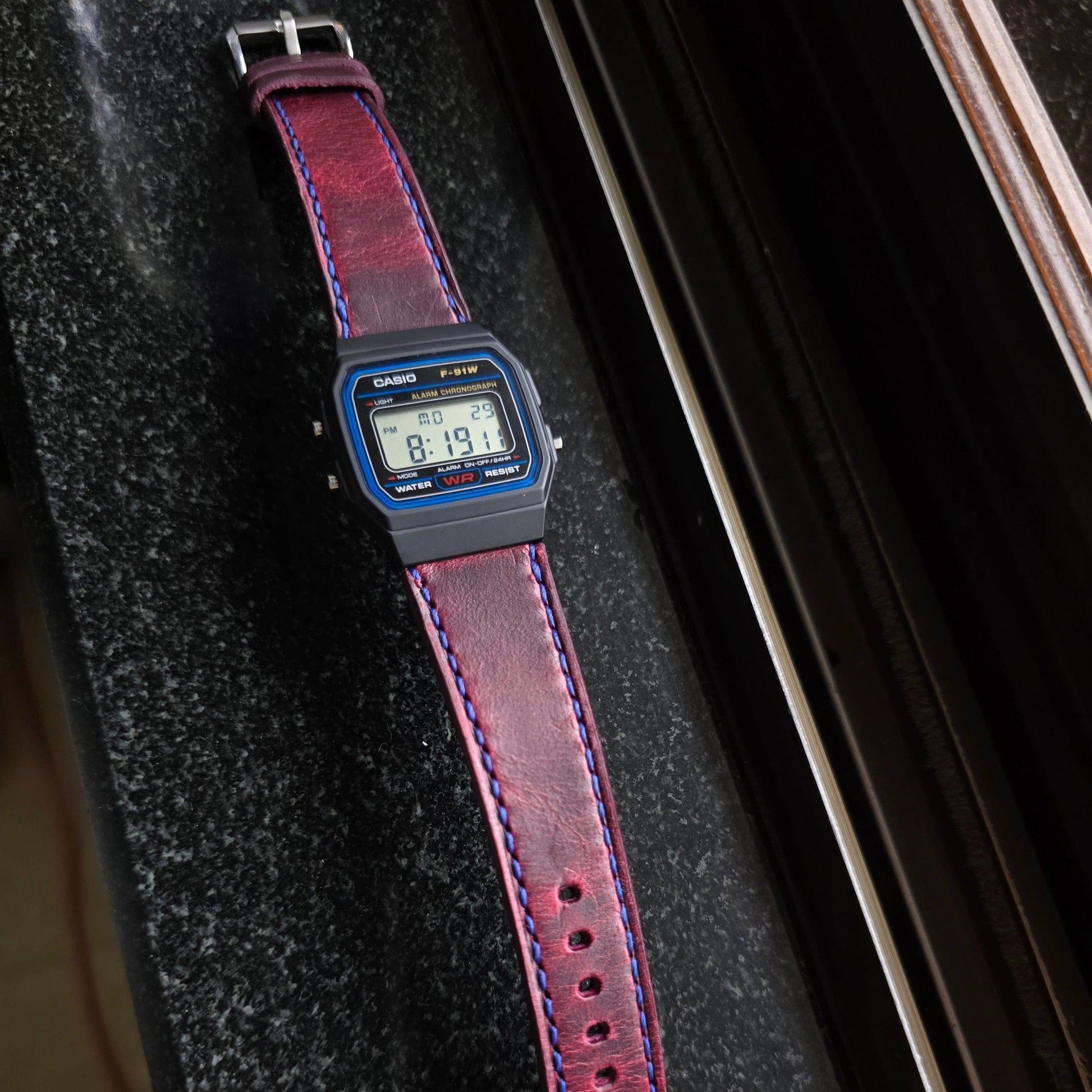 Indianleathercraft leather strap Burgundy Handmade Casio F-91w strap