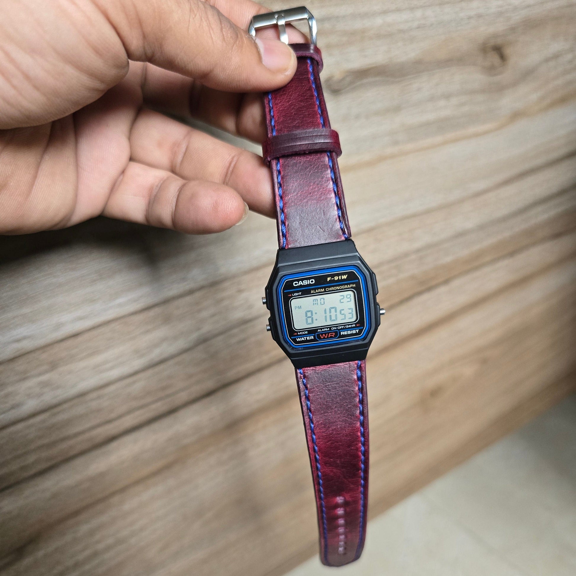 Indianleathercraft leather strap Burgundy Handmade Casio F-91w strap