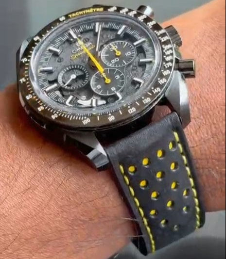 Indianleathercraft watch strap 20/18mm / Black- Yellow dots rally Omega leather watch strap