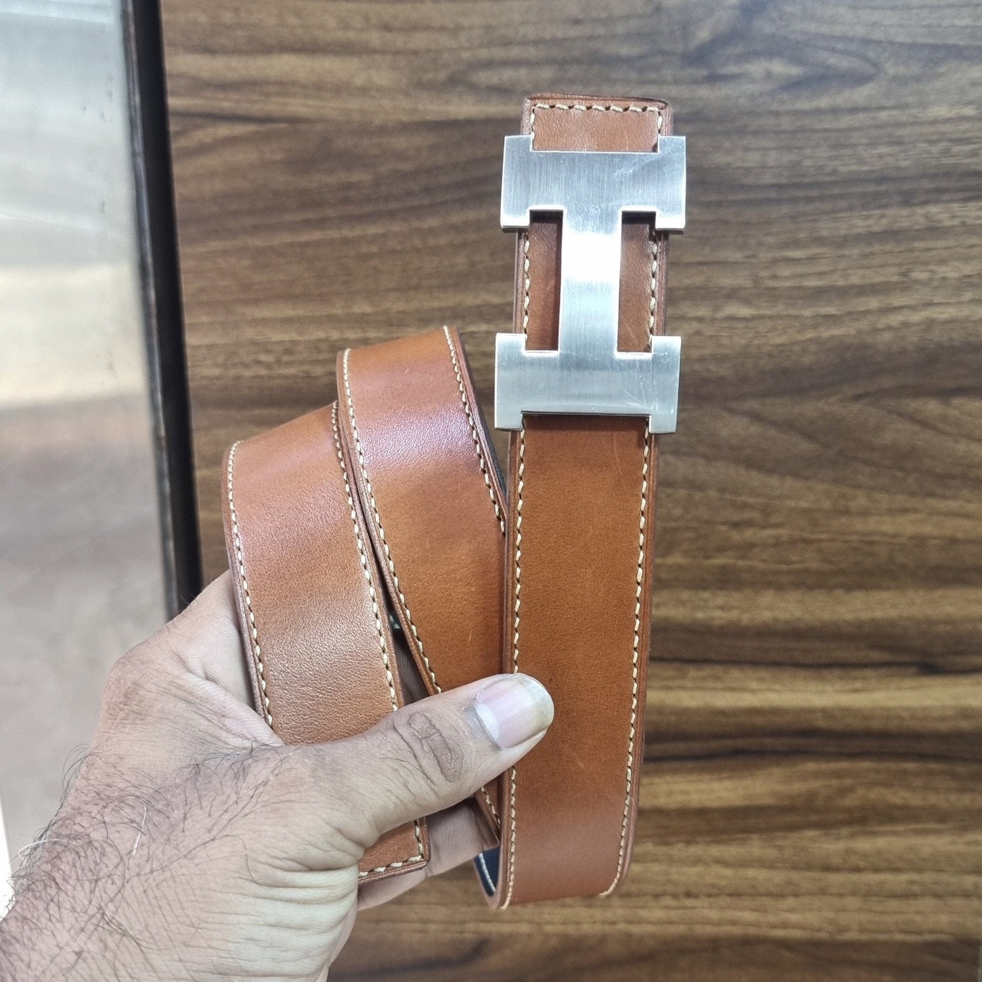 Handmade leather belt Tan Black 120cm 34mm