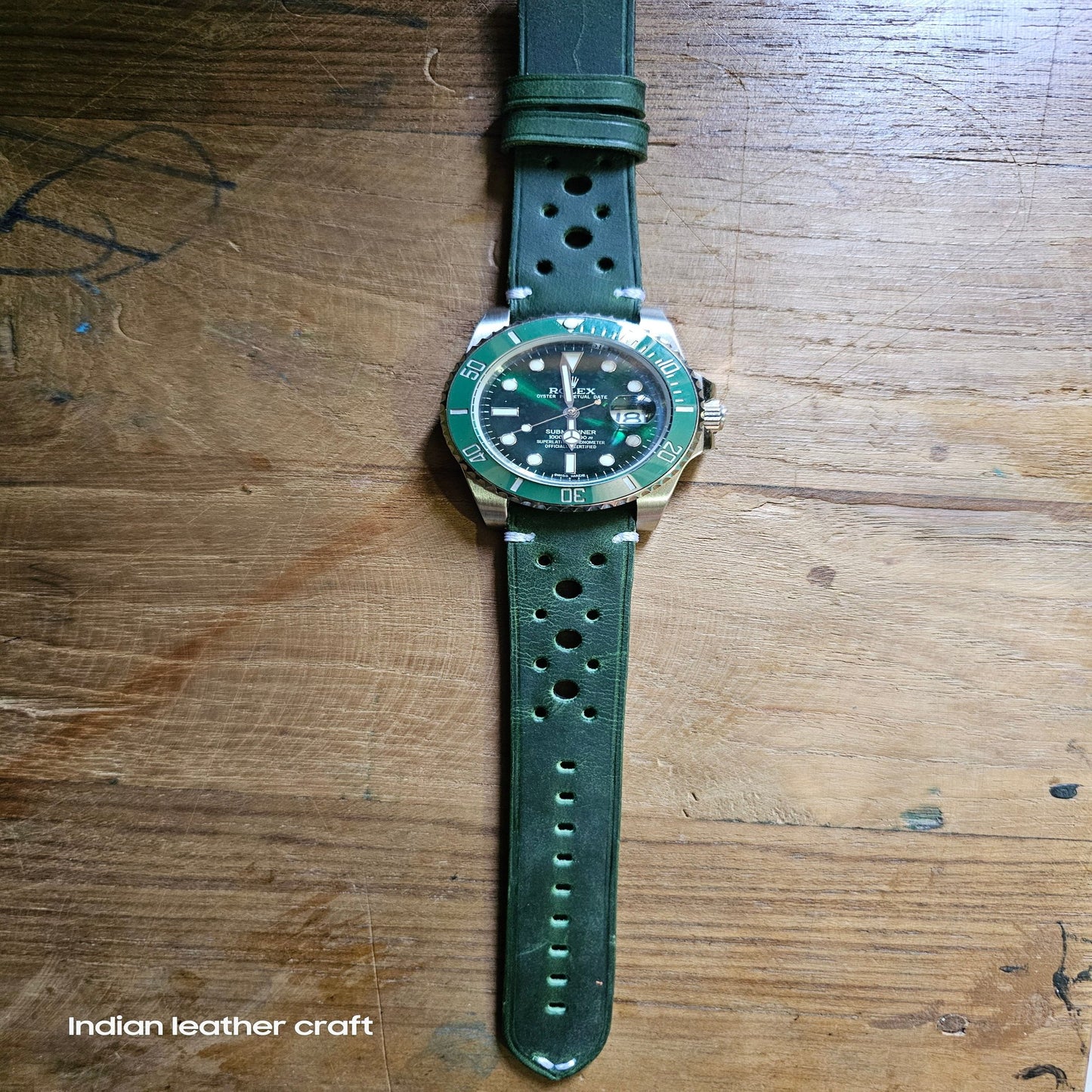 Indianleathercraft leather strap Green Handmade vintage racing strap