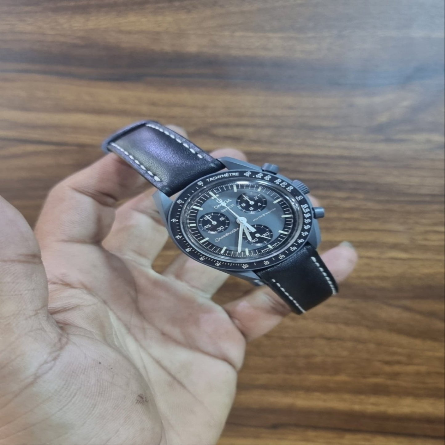 Indianleathercraft Plain black-white thread Omega moonswatch leather strap