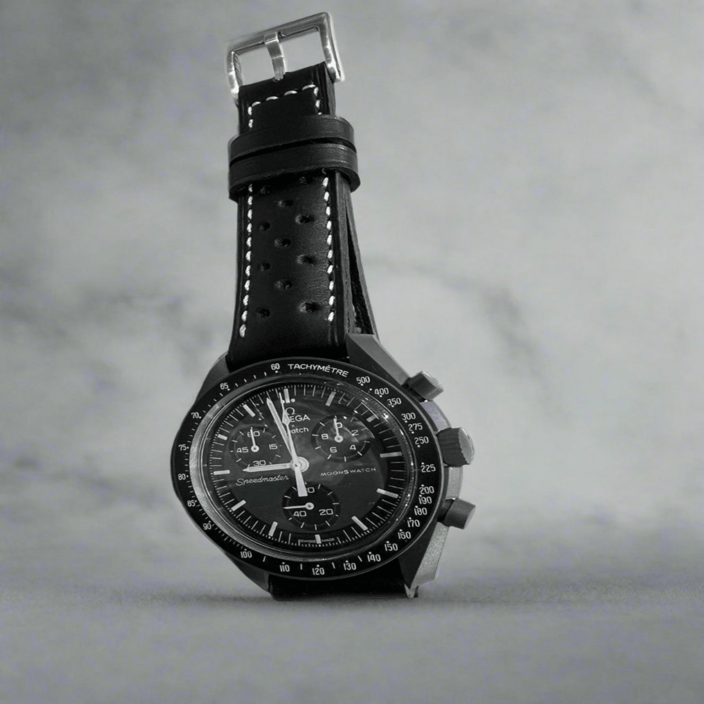 Omega X swatch moonswatch strap - Black perforated - Indianleathercraft