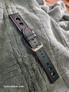 Indianleathercraft watch strap 18mm / Black with red thread Handmade black racing leather strap