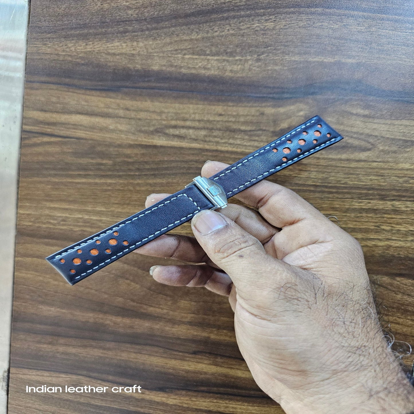 Indianleathercraft watch strap 20/18mm - Navy-orange dots Leather strap for tag heuer carrera