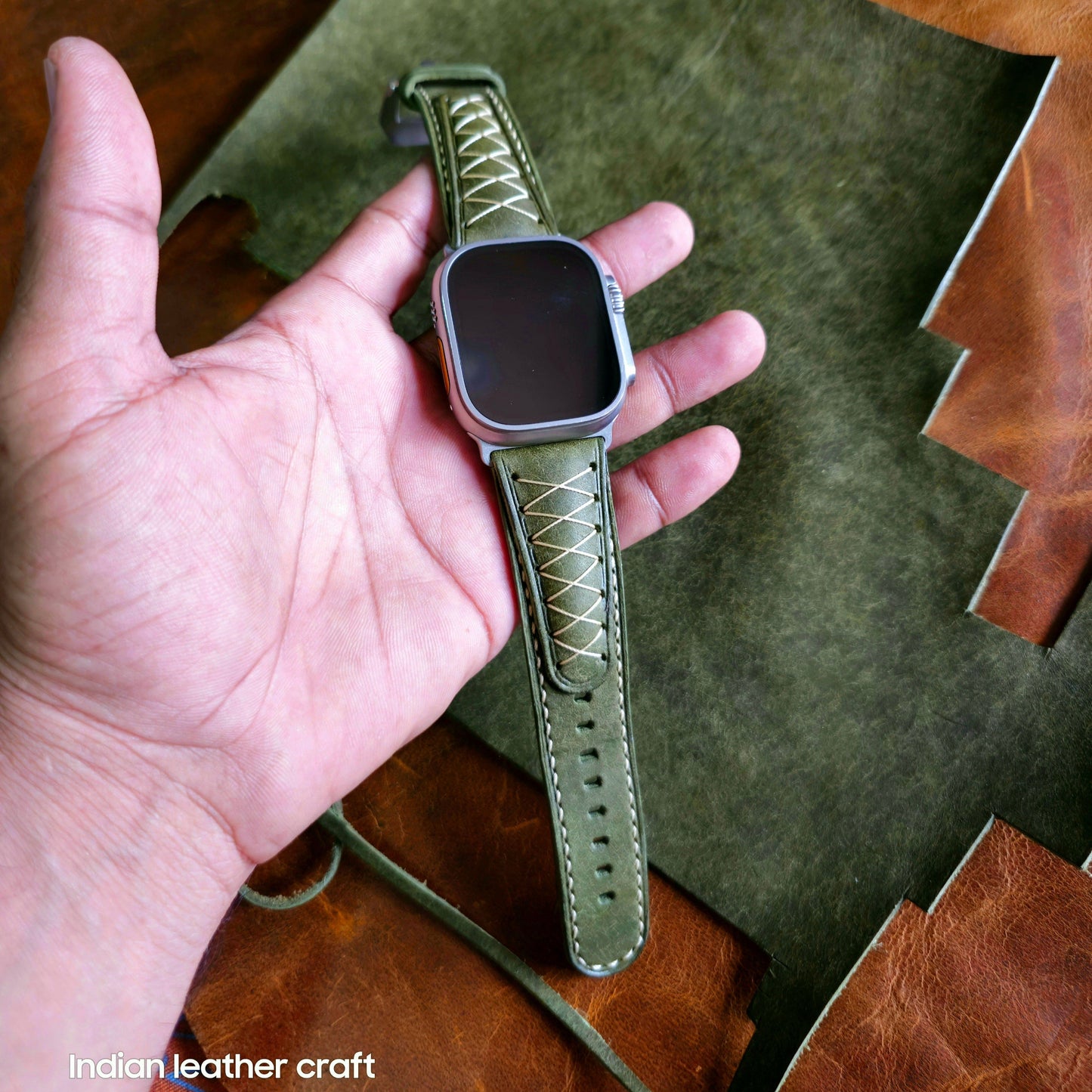 Indianleathercraft watch strap Ultra 1 / Green Apple watch ultra2 leather bands