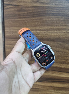 Indianleathercraft applestrap Blue - orange dots racing Apple watch ultra strap