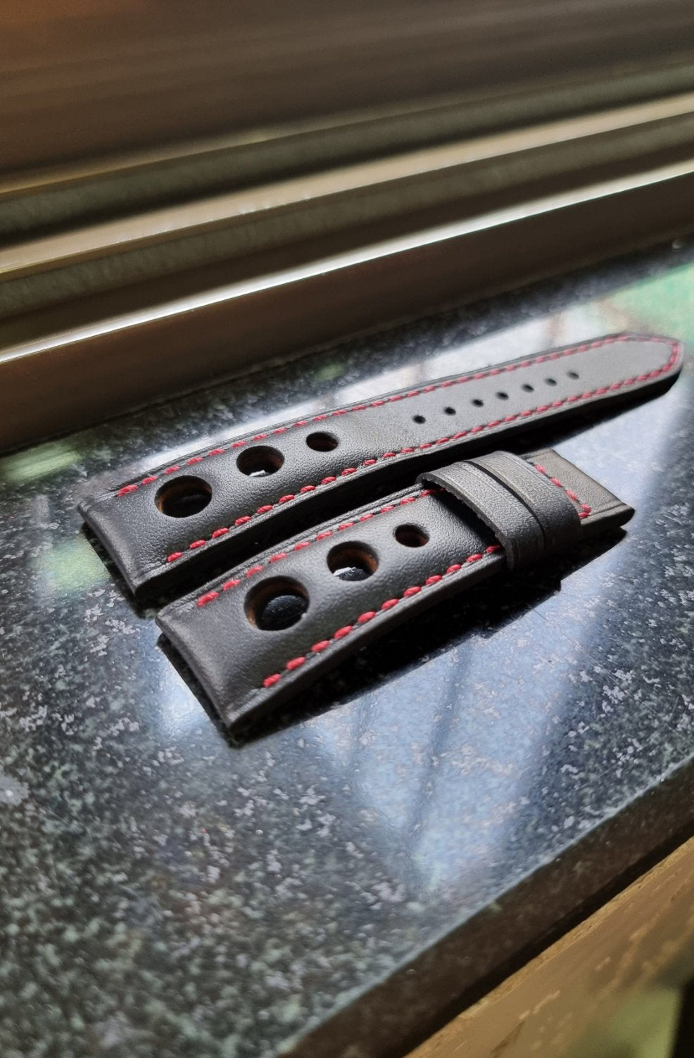 Indianleathercraft Black rally-red thread Omega moonswatch leather strap