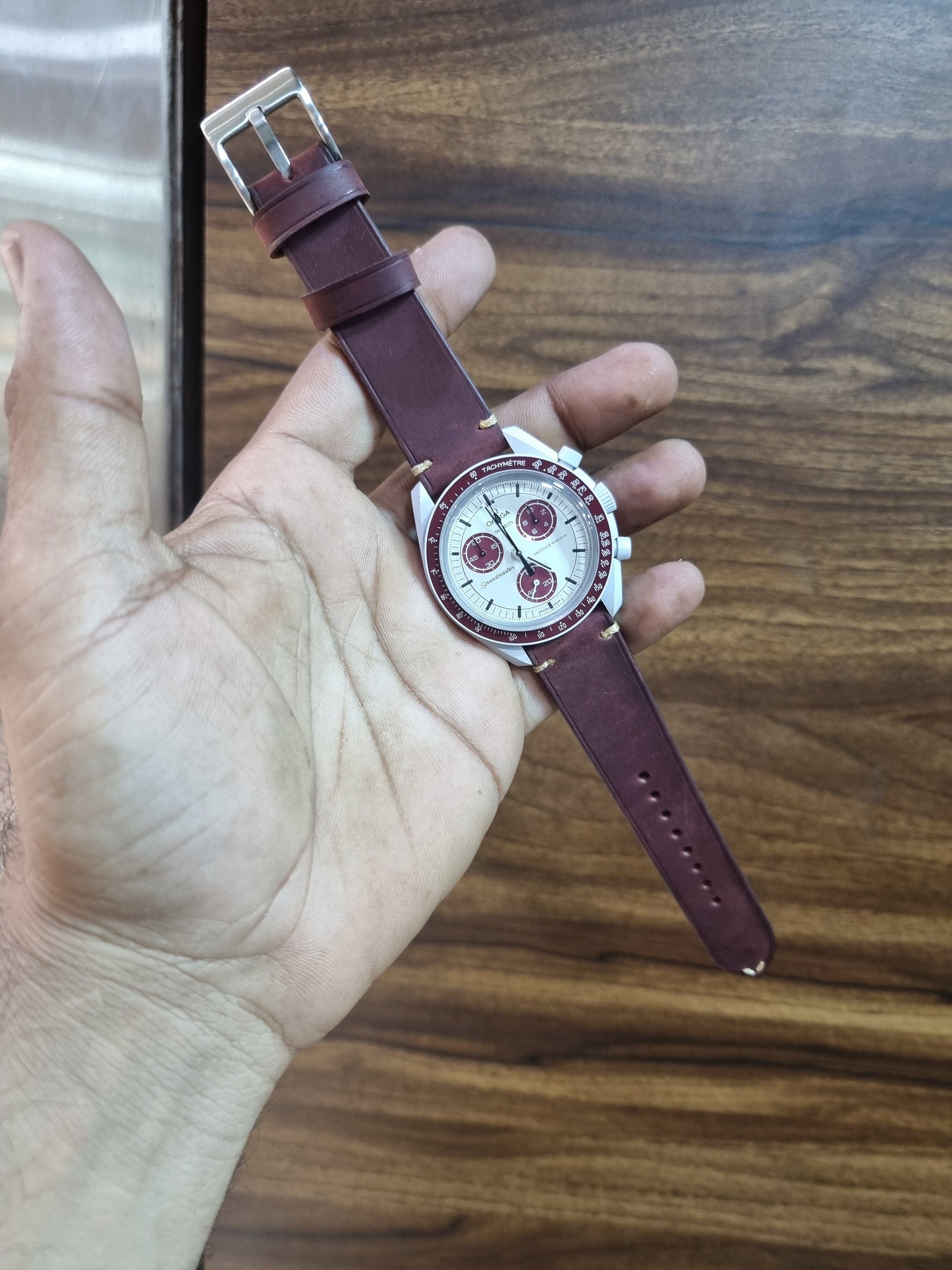 Indianleathercraft Burgundy Omega moonswatch leather strap