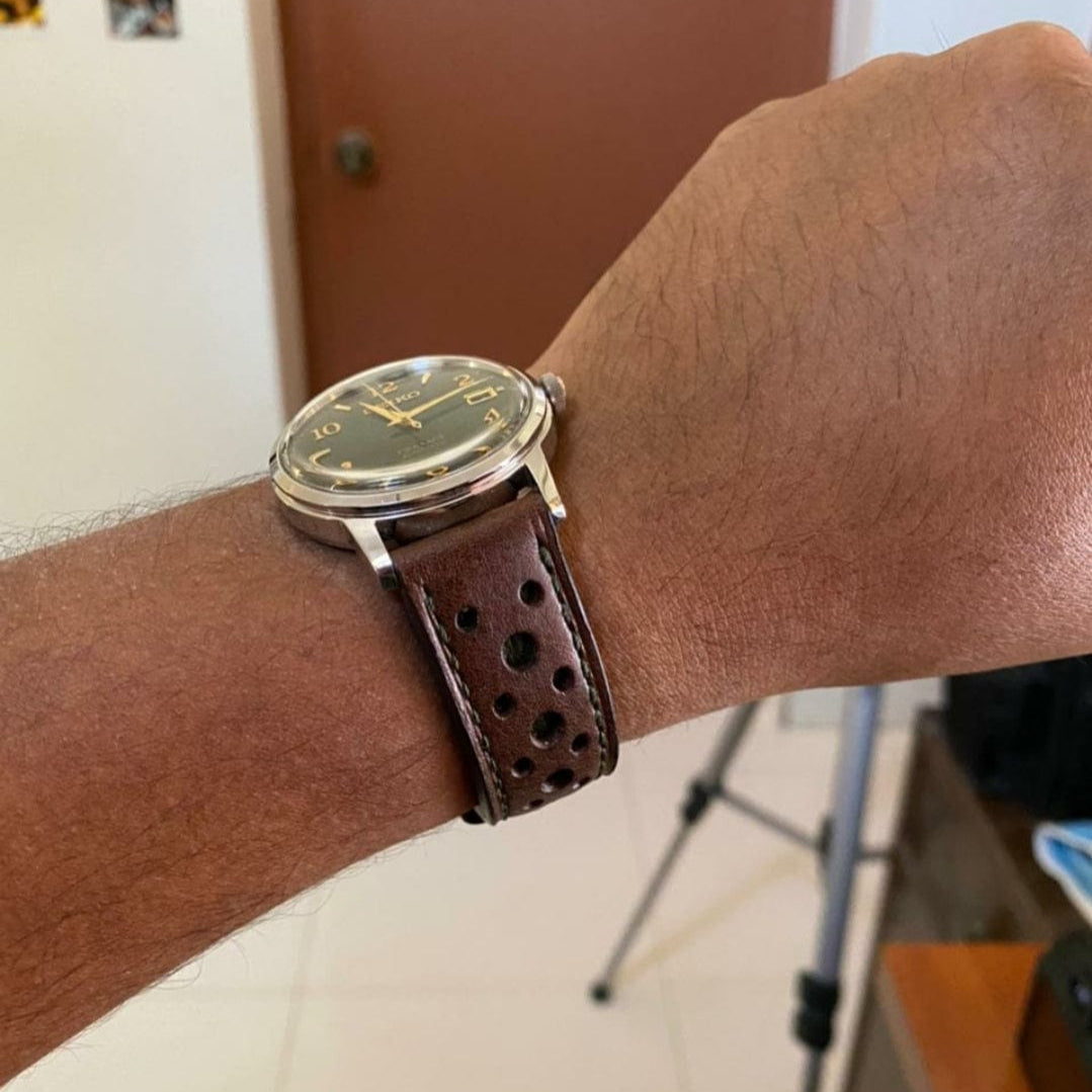 Indianleathercraft Handmade brown leather rally watch strap