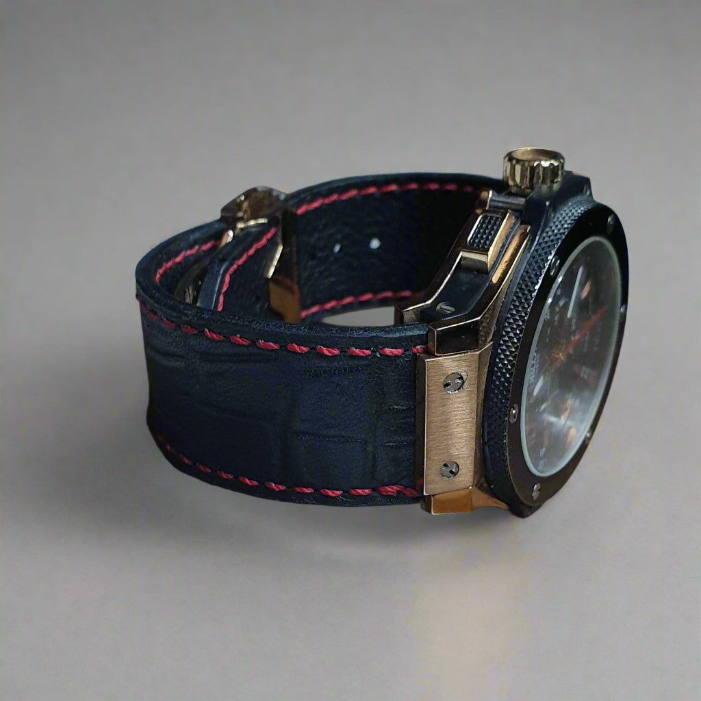 thumbnail image 2 of Ewatchparts 28mm Leather/Rubber Strap For Hublot Big Bang Ceramic F1 King Power – Black, Two-Piece, Men's 2 of 6