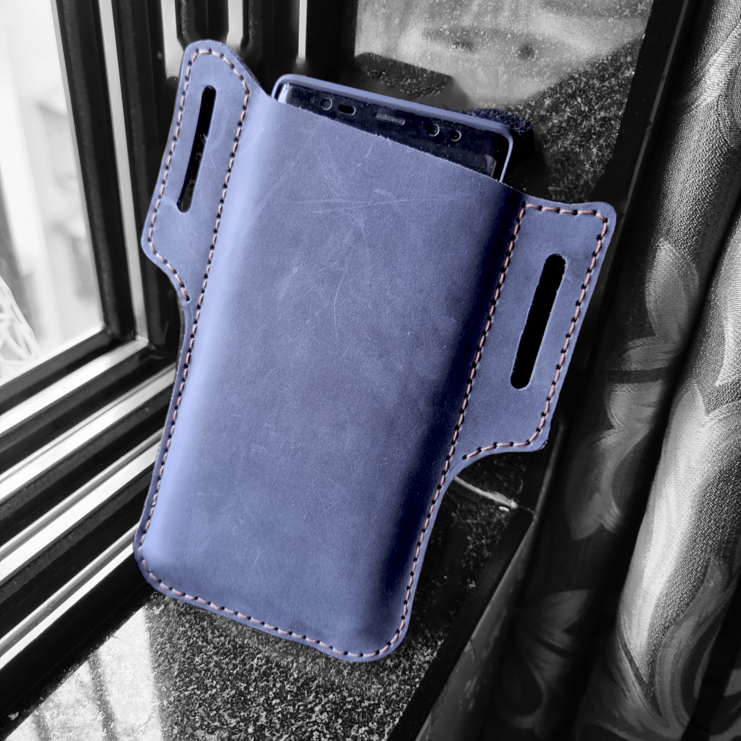 indianleathercraft phone holster Blue Handmade leather phone case with belt loop