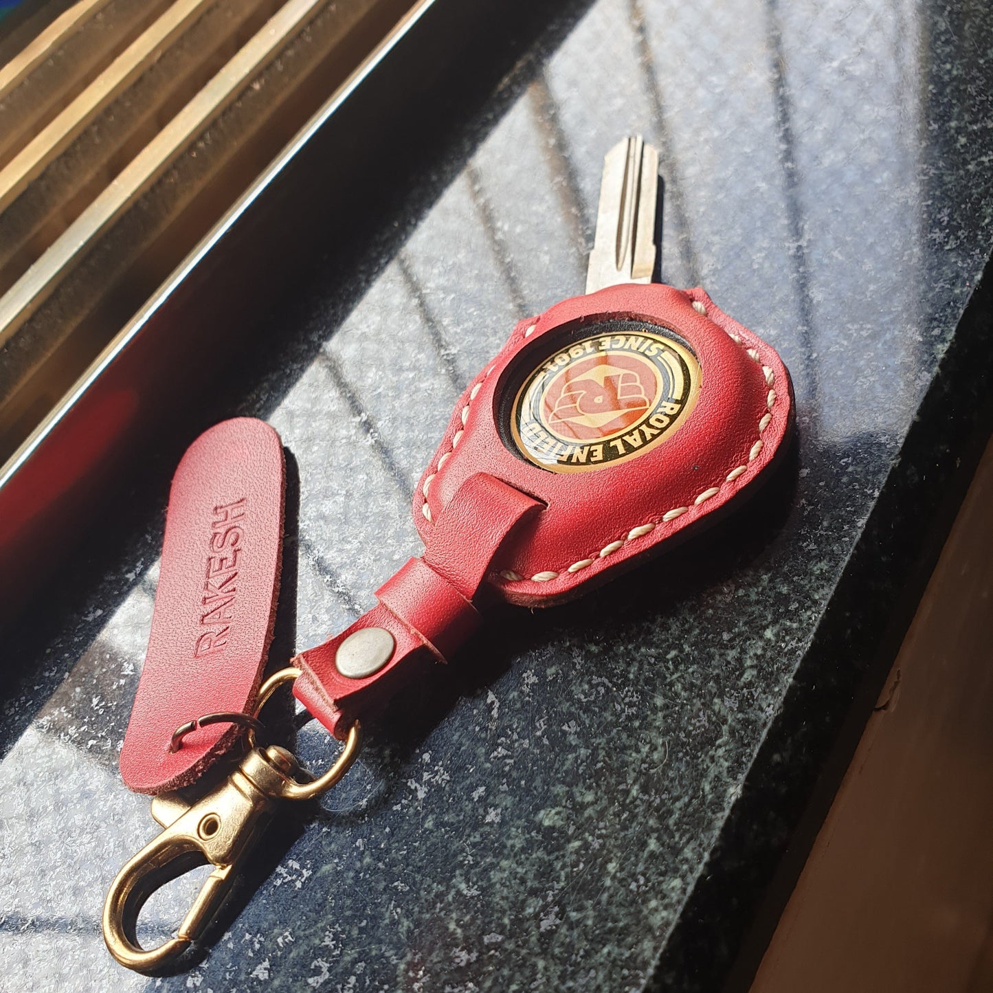 Indianleathercraft royal enfield key case Right cut / Red Royal Enfield leather key cover